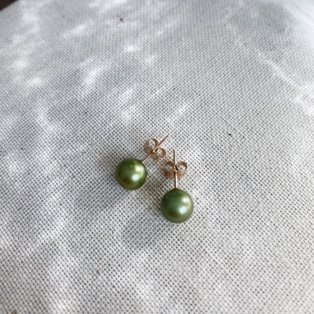 Green Freshwater Pearl 14K Stud Earrings